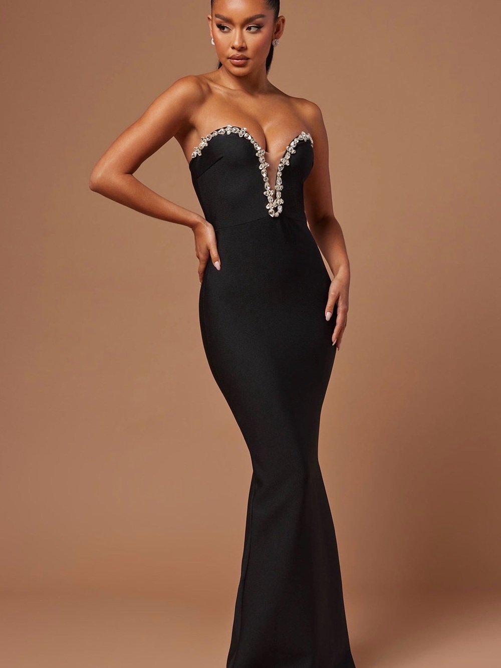 Strapless Black Embellished Mermaid Evening Dress